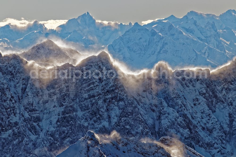 Aerial photograph Leutasch - Winter aerial view Peaks and ridges with snowdrifts in the backlight in the rock and mountain landscape of the Alps near Seefeld in Tirol in Austria