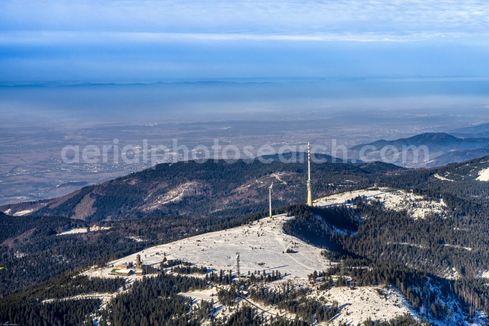 Seebach from above - Wintry snowy Rocky and mountainous landscape Hornisgrinde in Seebach at Schwarzwald in the state Baden-Wuerttemberg