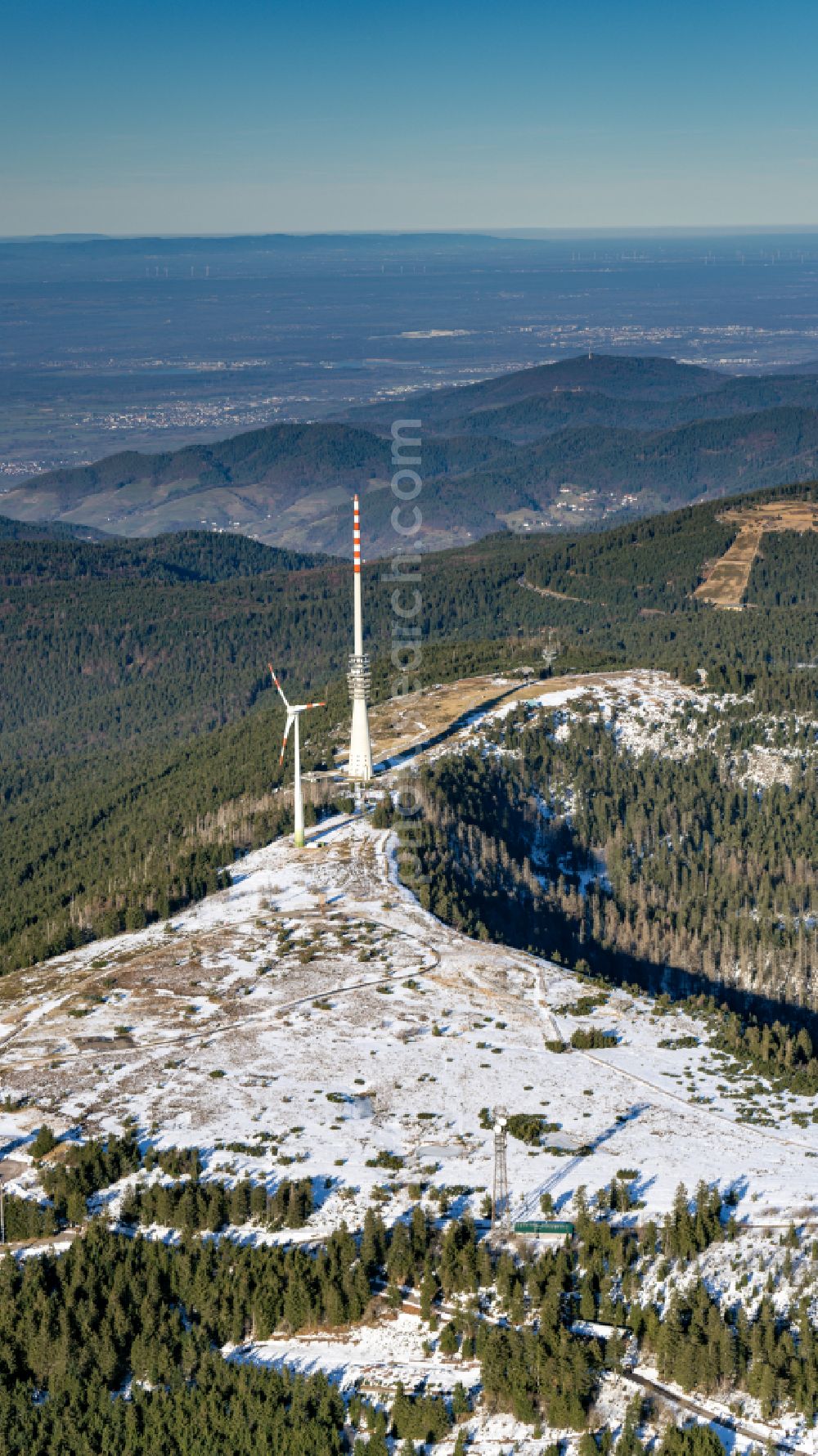 Aerial image Seebach - Wintry snowy Rocky and mountainous landscape Hornisgrinde in Seebach at Schwarzwald in the state Baden-Wuerttemberg