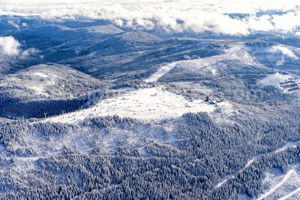 Aerial photograph Seebach - Wintry snowy rocky and mountainous landscape of Hornisgrinde in Seebach in the state Baden-Wurttemberg, Germany