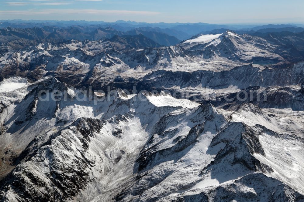 Aerial photograph Lavizzara - Wintry snowy Rocky and mountainous landscape of Leopontine Alps in Lavizzara in the canton Ticino, Switzerland