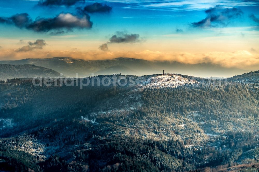 Aerial image Gengenbach - Wintry snowy rocky and mountainous landscape Mooskopf in Gengenbach in the state Baden-Wurttemberg, Germany