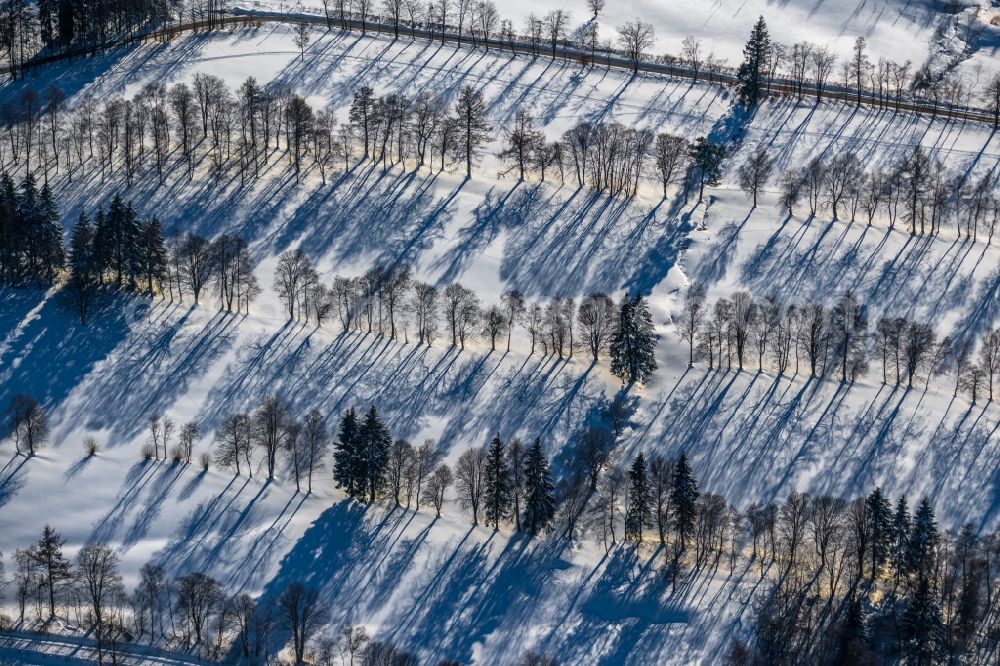 Aerial photograph Winterberg - Wintry snowy grounds of the Golf course at of Golfclub Winterberg e.V. in Winterberg on Sauerland in the state North Rhine-Westphalia, Germany