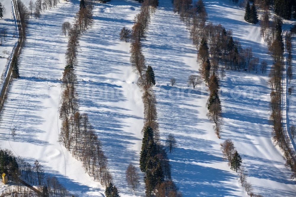 Winterberg from above - Wintry snowy grounds of the Golf course at of Golfclub Winterberg e.V. in Winterberg on Sauerland in the state North Rhine-Westphalia, Germany