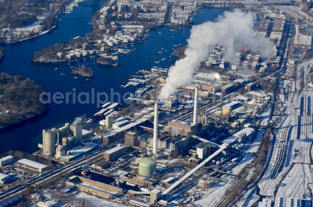 Berlin from above - Wintry snowy combined heat and power station plant Klingenberg on Koepenicker Chaussee in Berlin-Rummelsburg