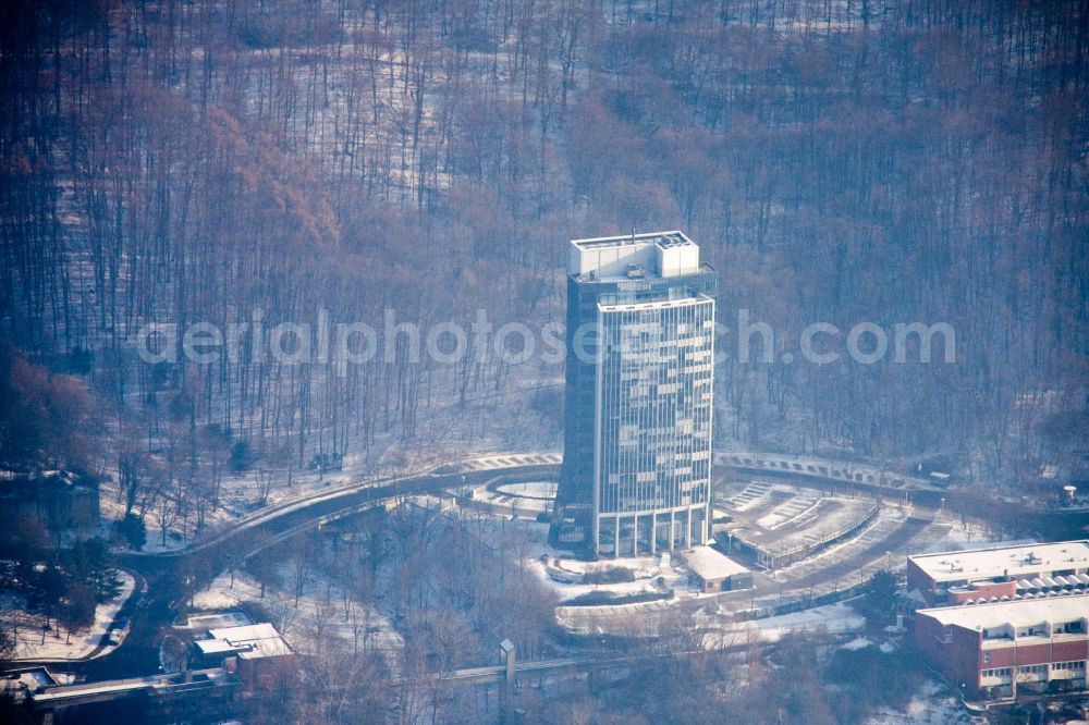 Heidelberg from above - Wintry snowy High-rise buildings of Heidelberger Versicherung in the district Emmertsgrund-Sued in Heidelberg in the state Baden-Wuerttemberg