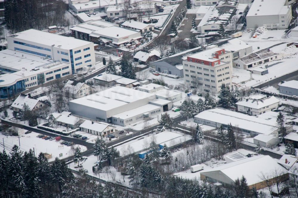 Aerial image Karlsbad - Wintry snowy Industrial and commercial area in the district Ittersbach in Karlsbad in the state Baden-Wuerttemberg