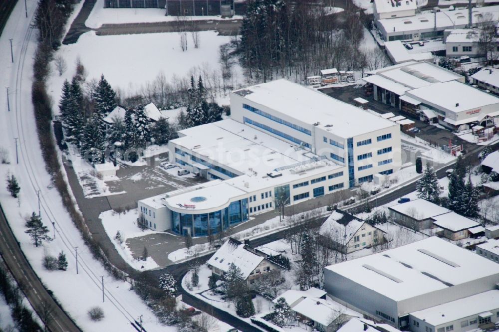 Aerial photograph Karlsbad - Wintry snowy Industrial and commercial area in the district Ittersbach in Karlsbad in the state Baden-Wuerttemberg