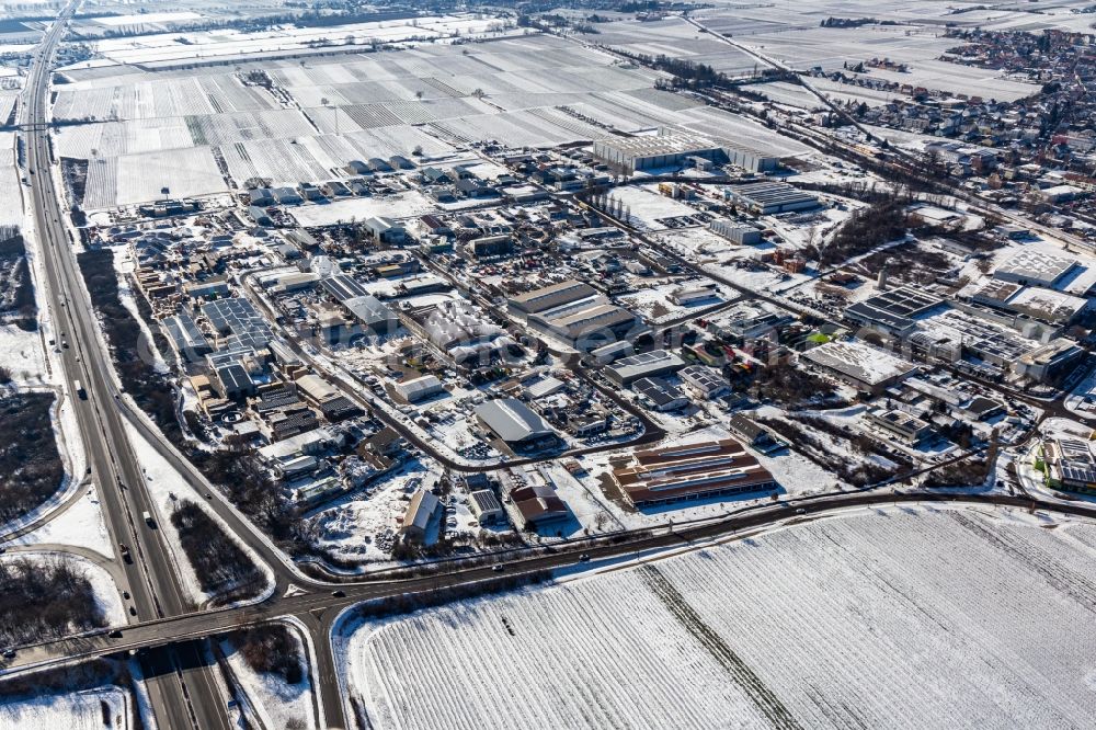 Edenkoben from above - Wintry snowy industrial and commercial area Ost with dreiso GmbH Dreissigacker & Sohn in Edenkoben in the state Rhineland-Palatinate, Germany