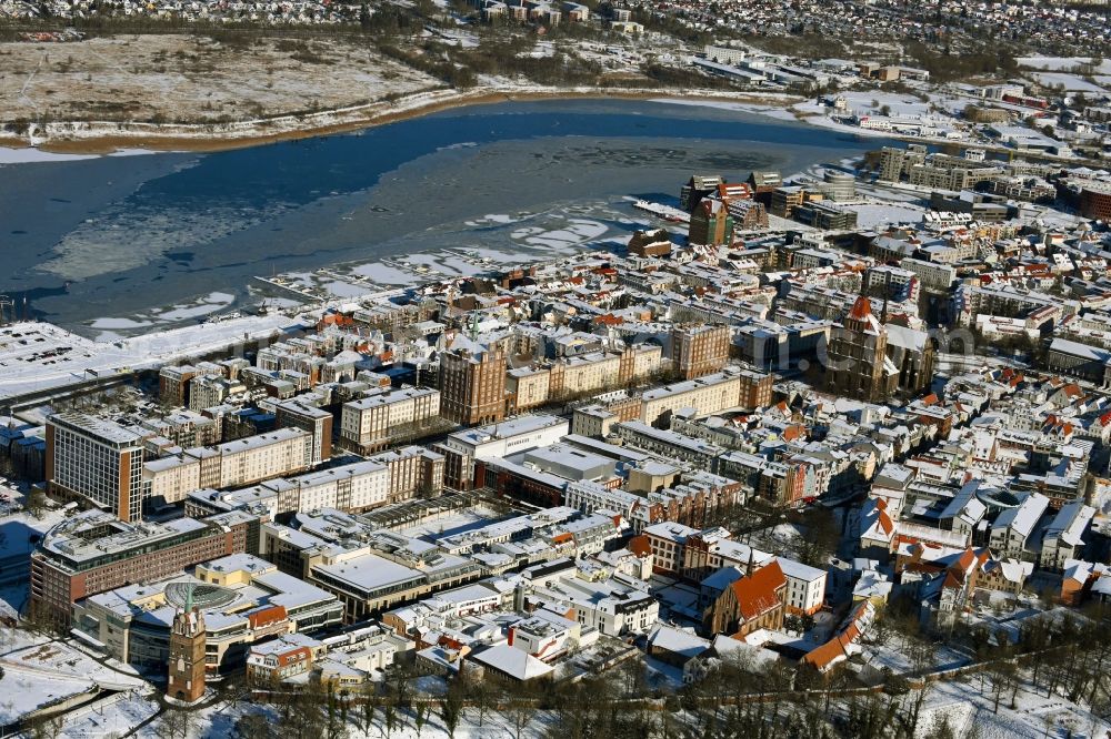 Rostock from above - Wintry snowy old Town area and city center in Rostock in the state Mecklenburg - Western Pomerania, Germany