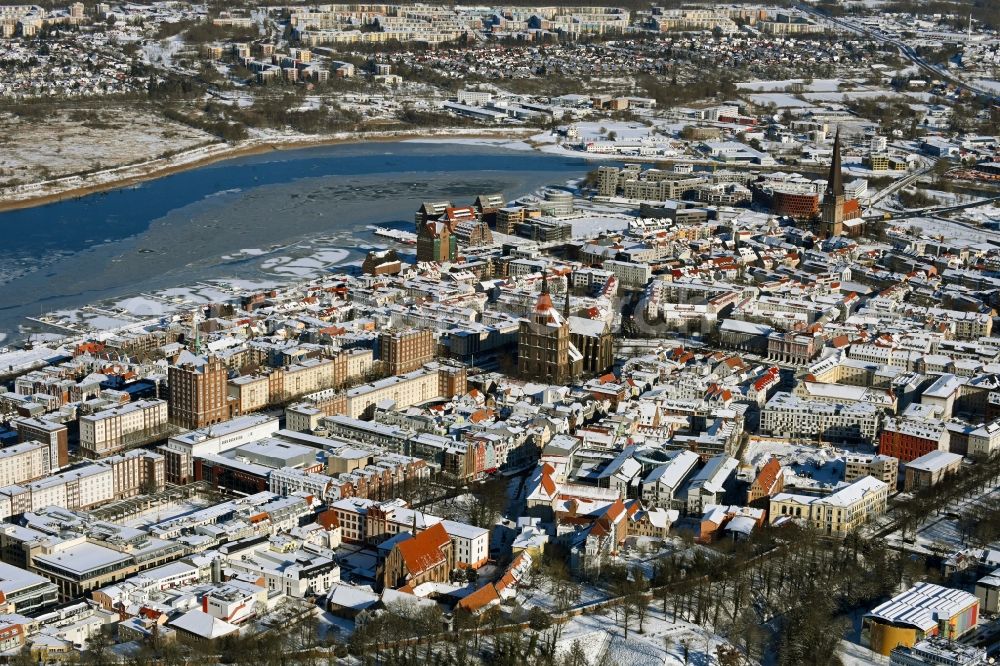 Rostock from the bird's eye view: Wintry snowy old Town area and city center in Rostock in the state Mecklenburg - Western Pomerania, Germany