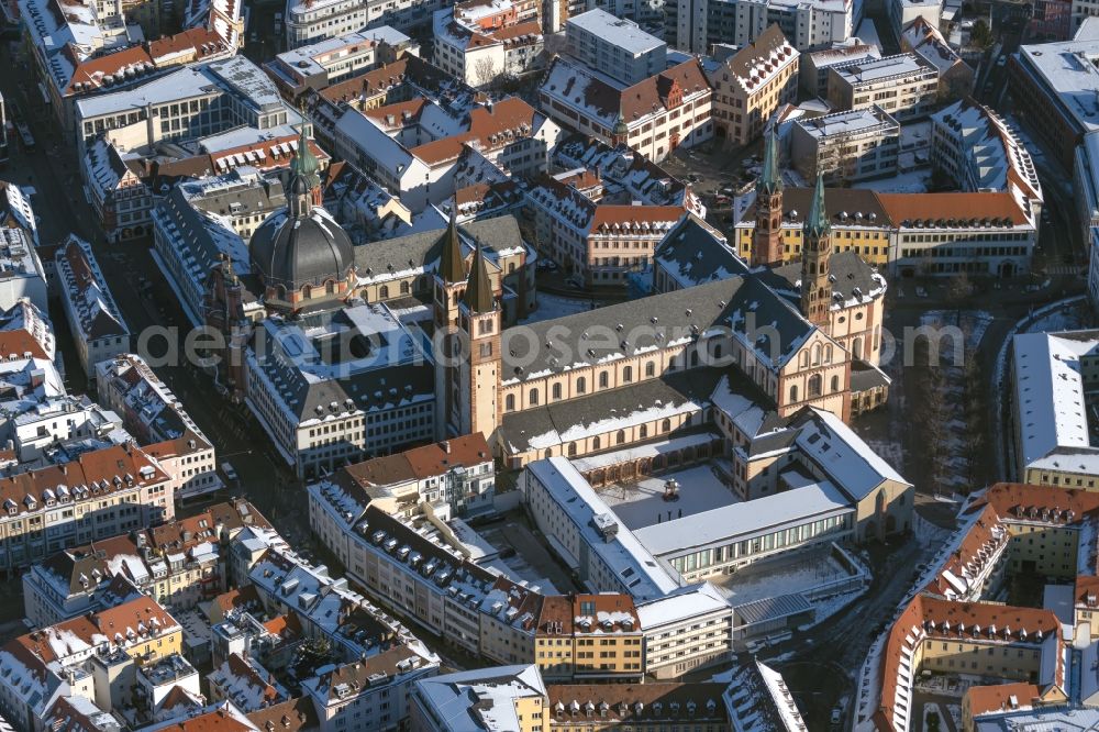 Aerial photograph Würzburg - Wintry snowy church building of the cathedral Wuerzburger Dom in the old town in Wuerzburg in the state Bavaria, Germany