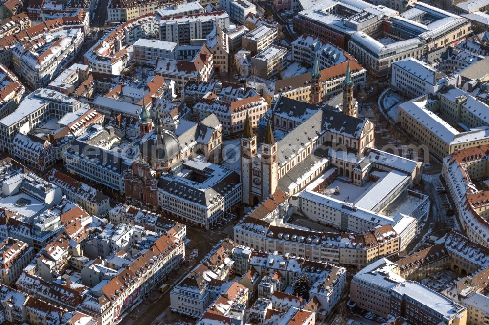 Würzburg from above - Wintry snowy church building of the cathedral Wuerzburger Dom in the old town in Wuerzburg in the state Bavaria, Germany