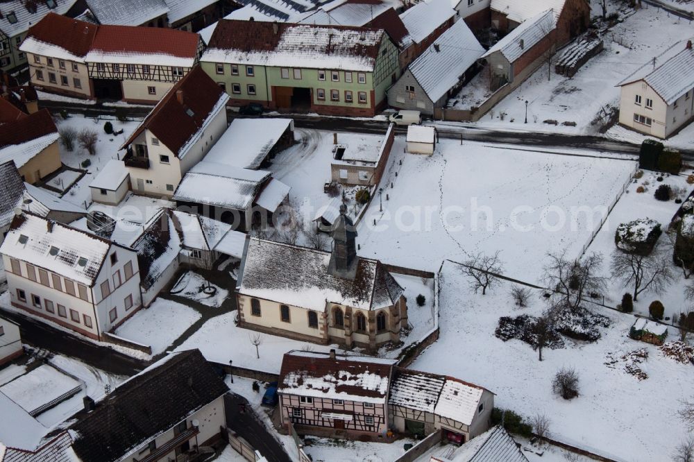 Aerial image Dierbach - Wintry snowy Church building in the village of in Dierbach in the state Rhineland-Palatinate