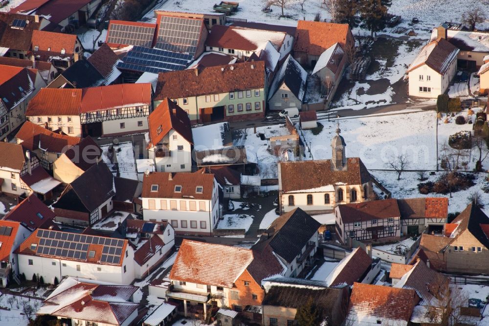 Aerial photograph Dierbach - Wintry snowy Church building in the village of in Dierbach in the state Rhineland-Palatinate