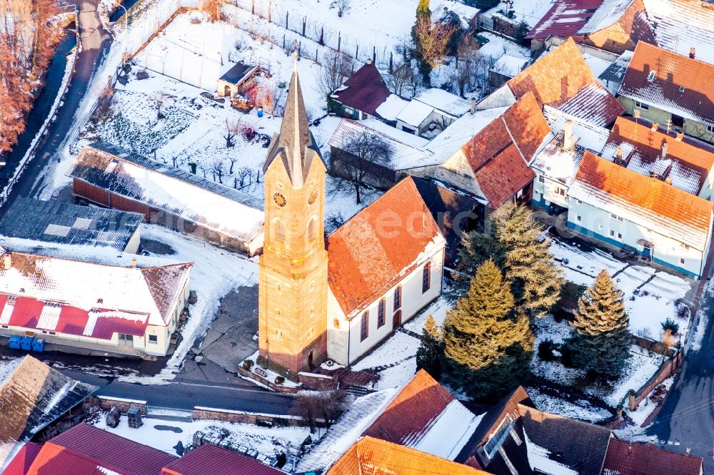 Aerial image Kapellen-Drusweiler - Wintry snowy Church building in the village of in Kapellen-Drusweiler in the state Rhineland-Palatinate, Germany