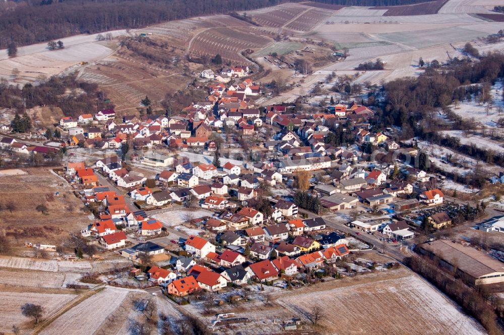 Aerial image Kraichtal - Wintry snowy Church building in the village of in the district Neuenburg in Kraichtal in the state Baden-Wuerttemberg, Germany