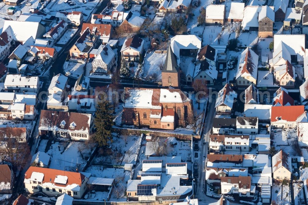 Rohrbach from above - Wintry snowy Church building in the village of in Rohrbach in the state Rhineland-Palatinate, Germany