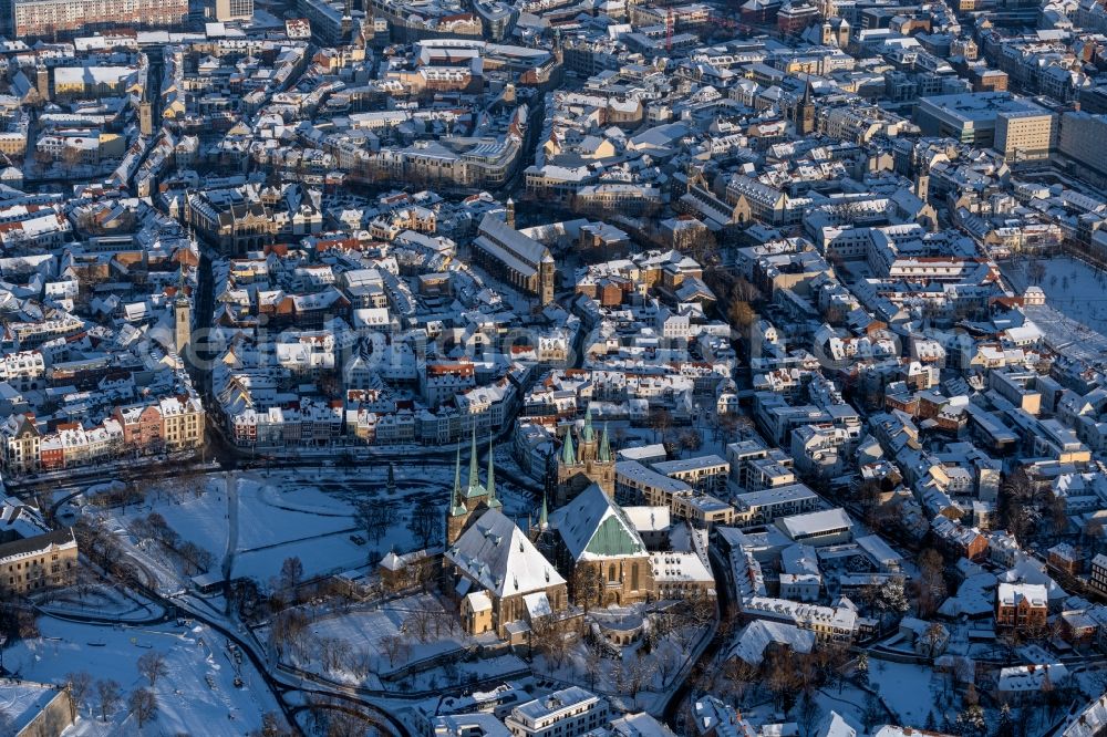 Erfurt from above - Wintry snowy church building of the cathedral of of Erfurter Dom in the district Altstadt in Erfurt in the state Thuringia, Germany