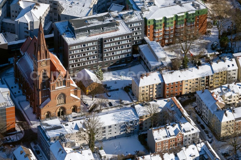 Dortmund from the bird's eye view: Wintry snow-covered church building of the Grabeskirche Liebfrauen on Gustavstrasse in the district Cityring-West in Dortmund in the Ruhr area in the state North Rhine-Westphalia, Germany