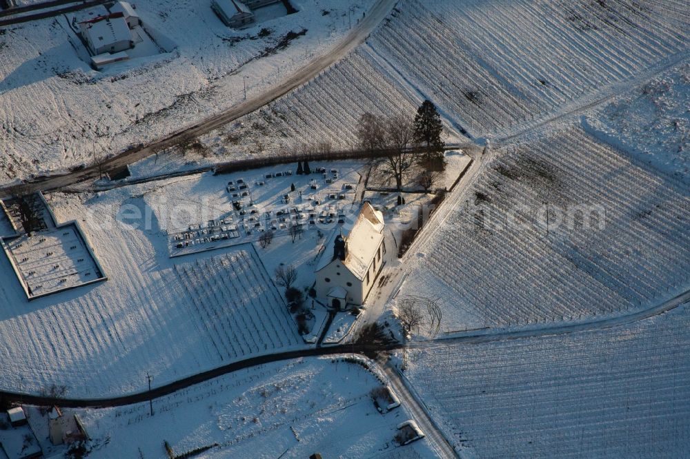 Gleiszellen-Gleishorbach from above - Wintry snowy Churches building the chapel Dyonisos in Gleiszellen-Gleishorbach in the state Rhineland-Palatinate, Germany