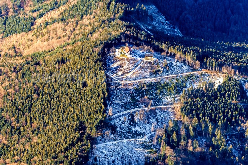 Aerial photograph Winden im Elztal - Wintry snowy churches building the chapel Am Hoernliberg in Winden im Elztal in the state Baden-Wurttemberg, Germany