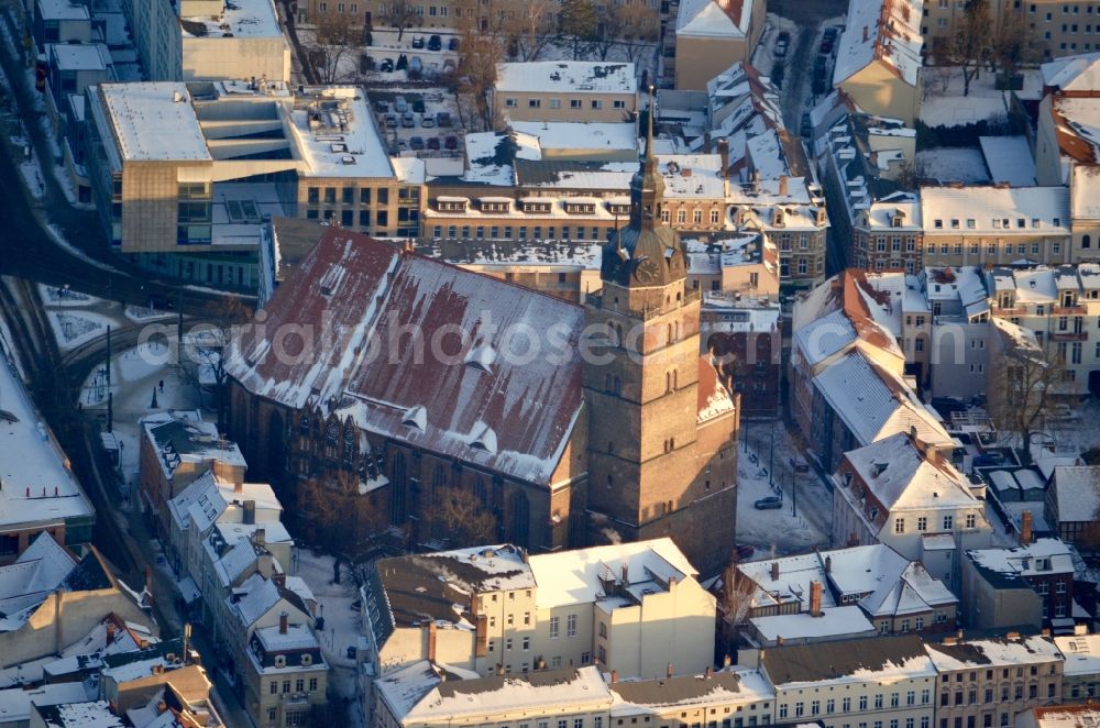 Brandenburg an der Havel from above - Wintry snowy church building St. Katharinenkirche in Brandenburg an der Havel in the state Brandenburg, Germany