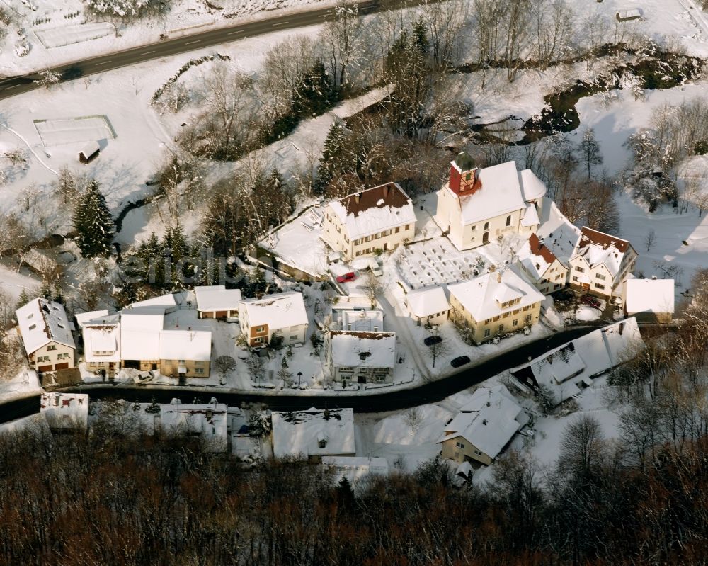 Aerial image Unterdrackenstein - Wintry snowy church building Katholische Pfarrkirche in Unterdrackenstein in the state Baden-Wuerttemberg, Germany