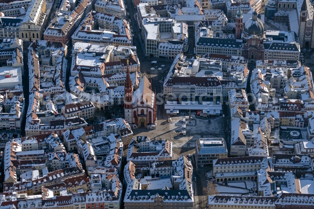 Aerial image Würzburg - Wintry snowy church building Marienkapelle Old Town- center of downtown in Wuerzburg in the state Bavaria, Germany