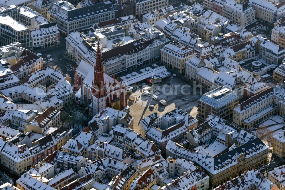 Würzburg from above - Wintry snowy church building Marienkapelle Old Town- center of downtown in Wuerzburg in the state Bavaria, Germany