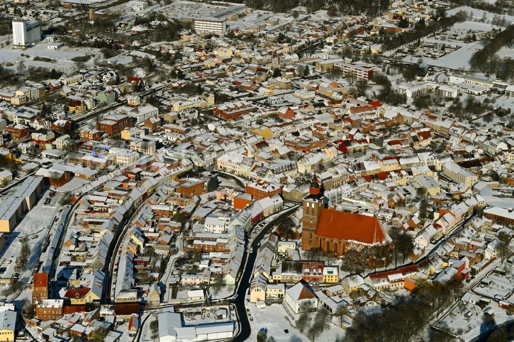 Altentreptow from above - Wintry snowy church building in St.-Petri-Kirche Old Town- center of downtown in Altentreptow in the state Mecklenburg - Western Pomerania, Germany