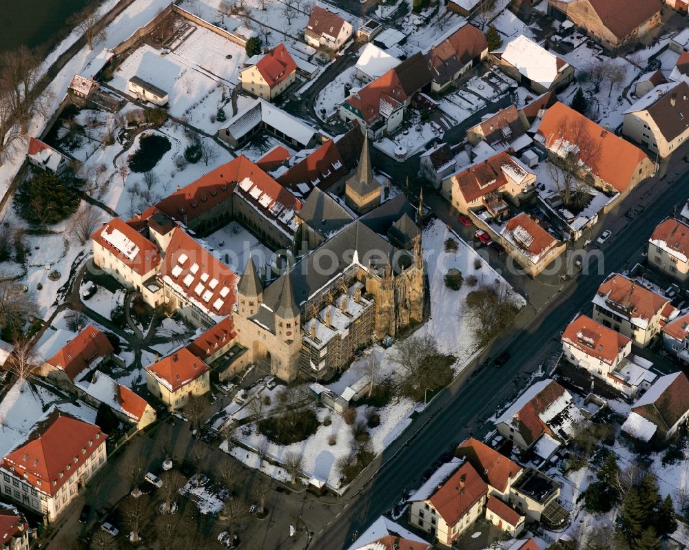 Aerial image Bad Wimpfen - Wintry snowy church building Stiftskirche St. Peter in Bad Wimpfen in the state Baden-Wuerttemberg, Germany