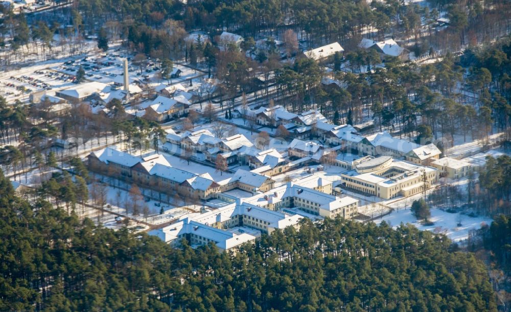 Sommerfeld from above - Wintry snowy hospital grounds of the Clinic Sana Kliniken Sommerfeld in Sommerfeld in the state Brandenburg, Germany