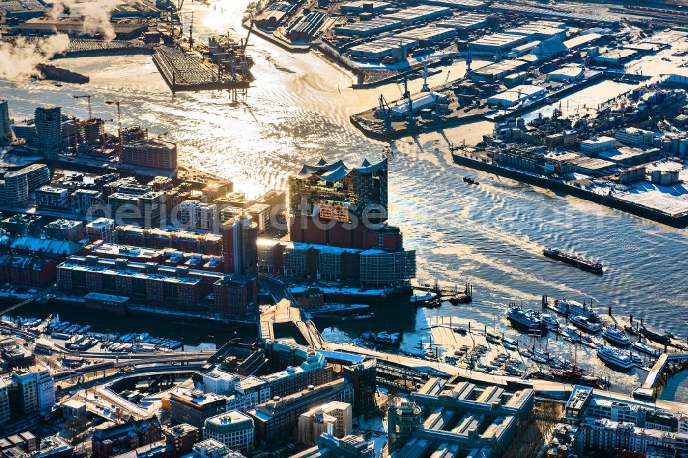 Hamburg from above - Wintry snowy the Elbe Philharmonic Hall on the river bank of the Elbe in Hamburg
