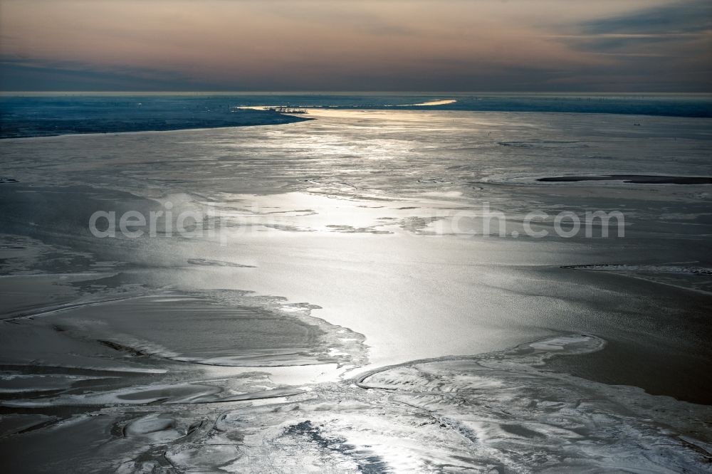 Nigehörn from above - Wintry snowy coastal area of the North Sea - Island in Scharhoern in the state Hamburg