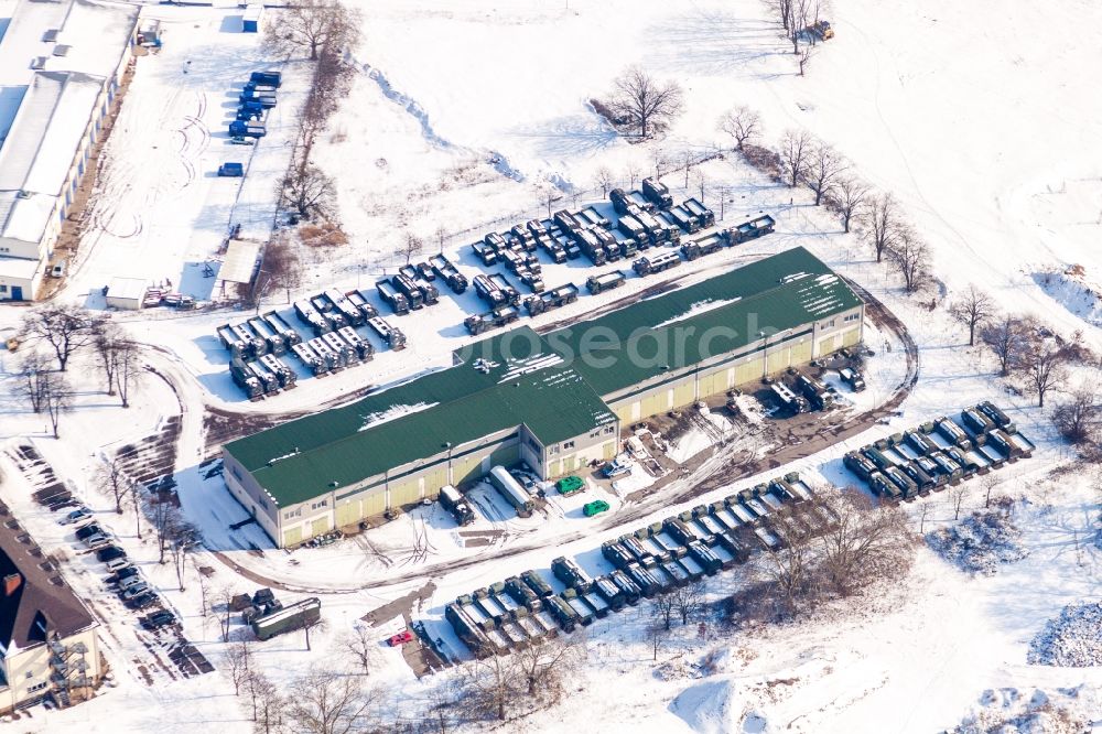 Karlsruhe from above - Wintry snowy Depot on the military training grounds of Bundeswehr in the district Knielingen in Karlsruhe in the state Baden-Wuerttemberg, Germany