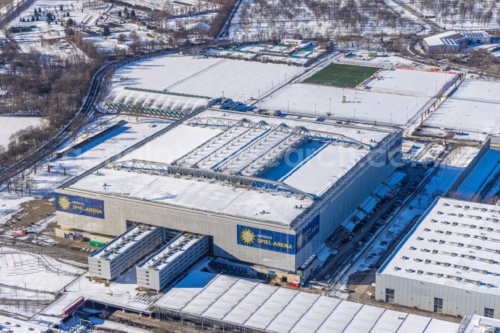 Düsseldorf from the bird's eye view: Wintry snowy sports facility grounds of the MERKUR SPIEL-ARENA in Duesseldorf in the state North Rhine-Westphalia