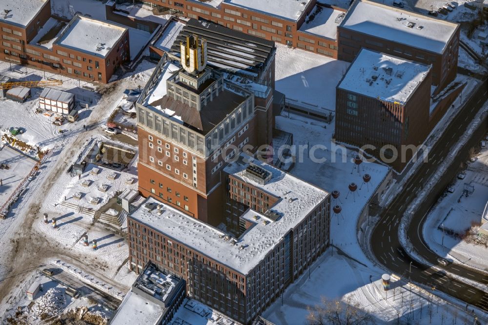 Aerial image Dortmund - Wintry snowy museum and exhibition building ensemble Dortmund U Center for Art and Creativity on Emil-Schumacher-Strasse in the district of Westpark in Dortmund in the Ruhr area in the state North Rhine-Westphalia, Germany