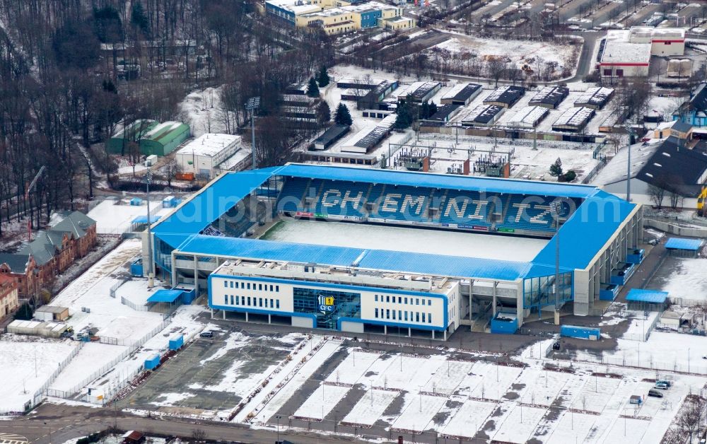 Aerial photograph Chemnitz - Wintry snowy new building of the football stadium community4you ARENA of FC Chemnitz in Saxony