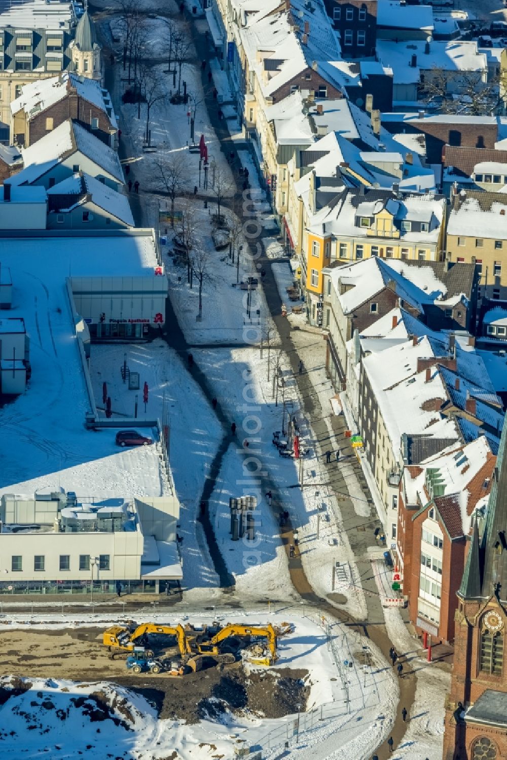 Herne from above - Wintry snowy construction site for the new construction of an office and commercial building Europagarten at the City Center at Europaplatz in Herne at Ruhrgebiet in the state North Rhine-Westphalia, Germany