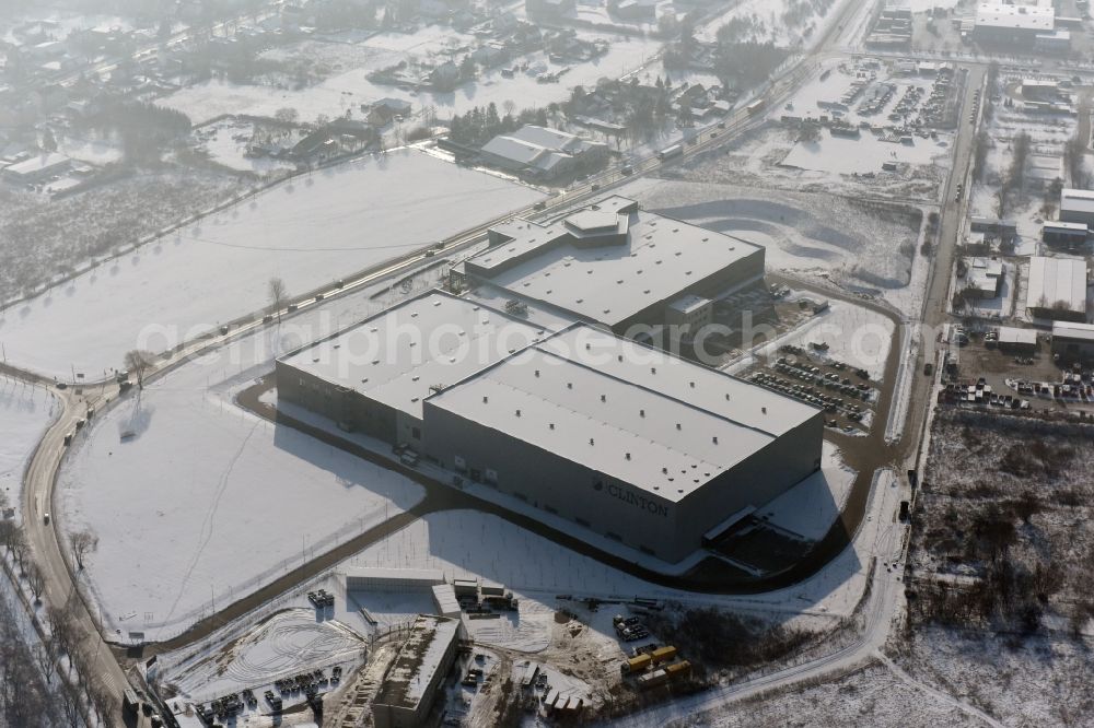 Hoppegarten from above - Wintry snowy Europazentrale Clinton in Hoppegarten in the state of Brandenburg