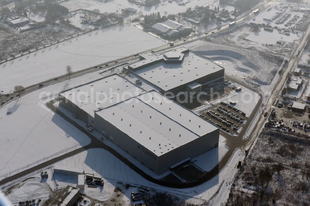 Hoppegarten from the bird's eye view: Wintry snowy Europazentrale Clinton in Hoppegarten in the state of Brandenburg