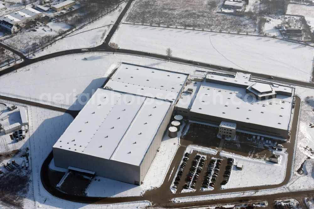 Aerial image Hoppegarten - Wintry snowy Europazentrale Clinton in Hoppegarten in the state of Brandenburg