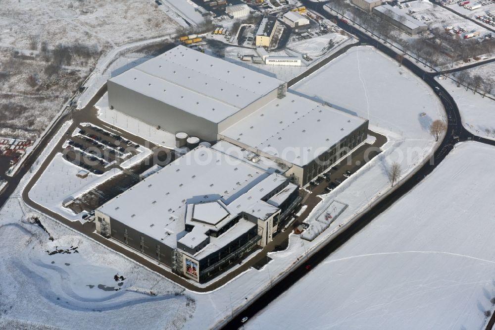 Hoppegarten from the bird's eye view: Wintry snowy Europazentrale Clinton in Hoppegarten in the state of Brandenburg