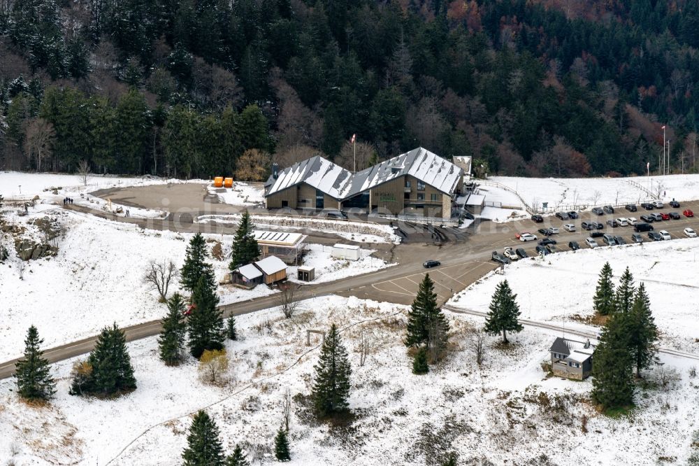 Aerial image Sankt Peter - Wintry snowy new construction site the hotel complex Kandelhotel on Berg Kandel in Sankt Peter in the state Baden-Wuerttemberg, Germany