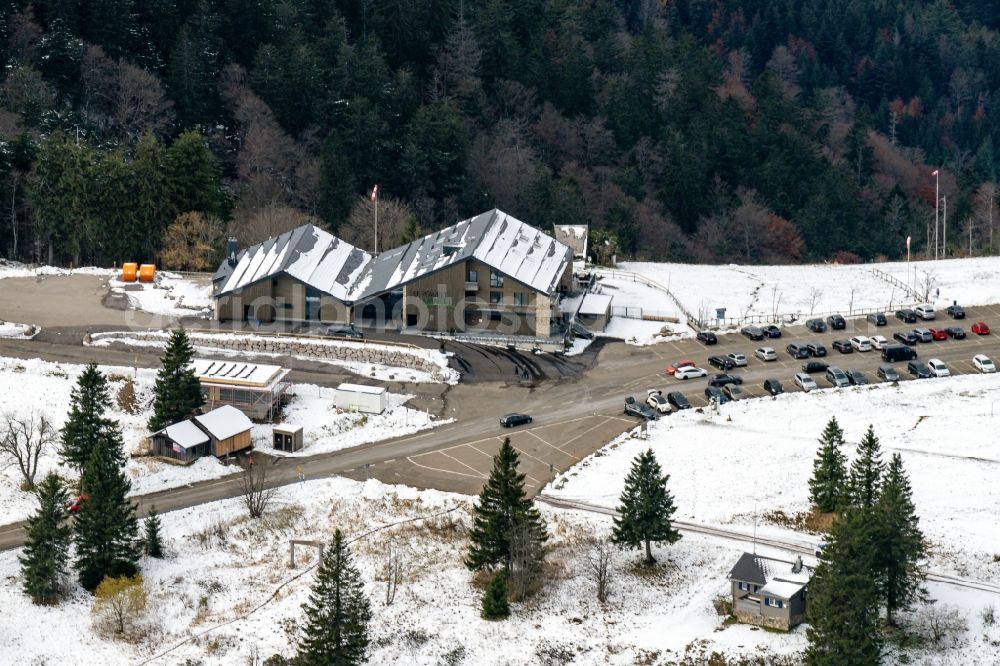 Aerial photograph Sankt Peter - Wintry snowy new construction site the hotel complex Kandelhotel on Berg Kandel in Sankt Peter in the state Baden-Wuerttemberg, Germany