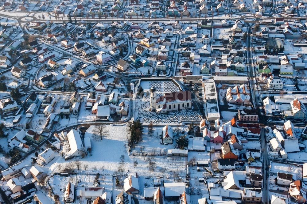 Aerial image Mothern - Wintry snowy Town View of the streets and houses of the residential areas in Mothern in Grand Est, France