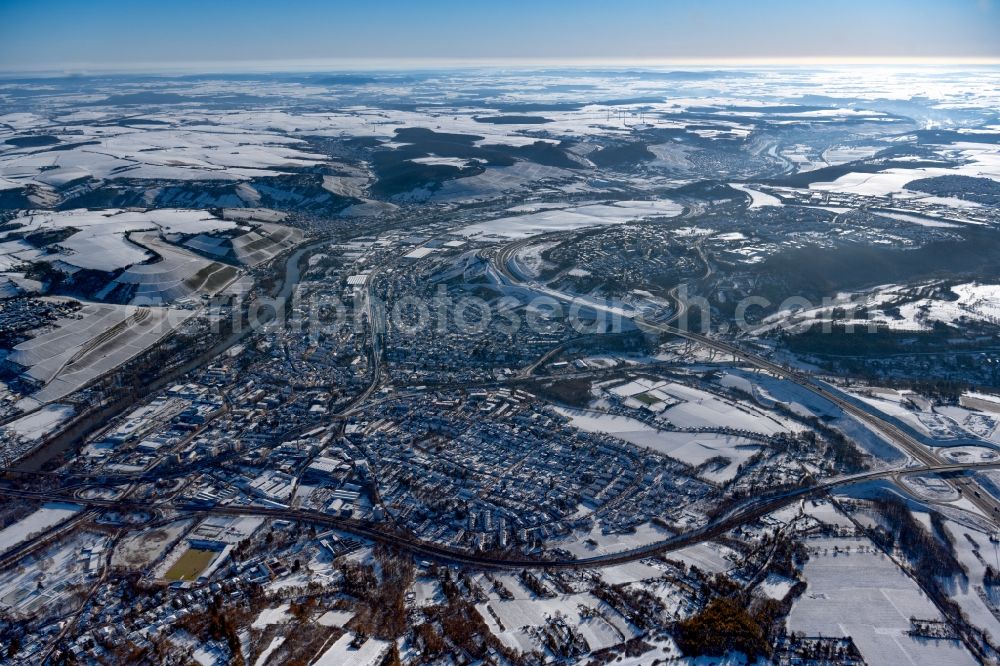 Heidingsfeld from above - Wintry snowy town on the banks of the river of the Main river in Heidingsfeld in the state Bavaria, Germany