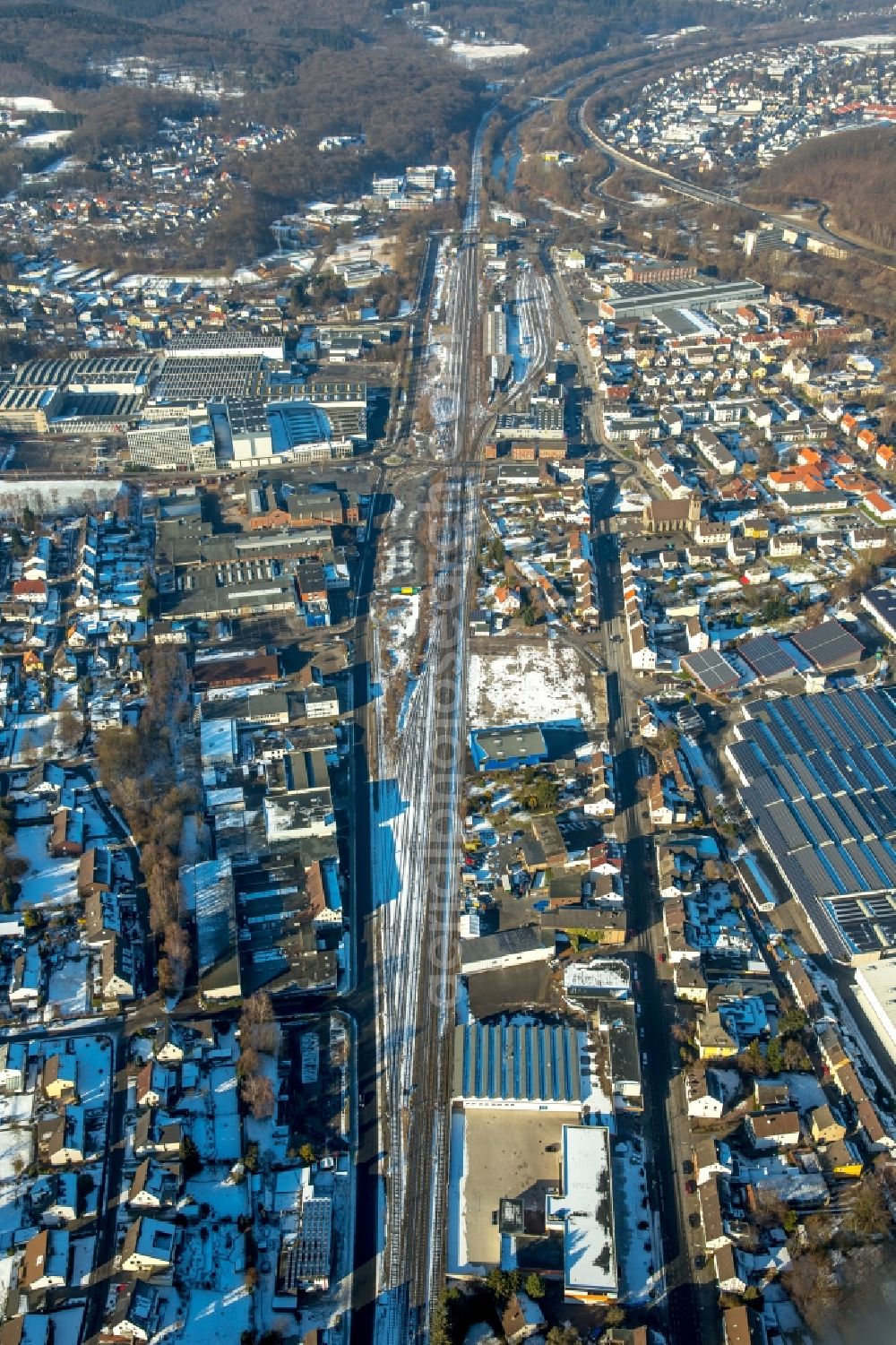 Arnsberg from above - Wintry snowy district Huesten in Arnsberg in the state North Rhine-Westphalia