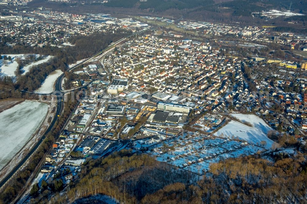 Aerial photograph Arnsberg - Wintry snowy district Neheim in Arnsberg in the state North Rhine-Westphalia